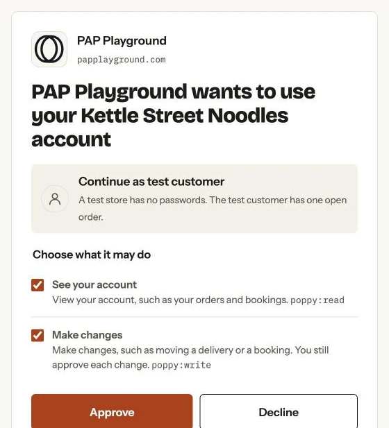 Kettle Street Noodles' own sign-in page: PAP Playground wants to use your Kettle Street Noodles account, with two permissions to choose from, See your account and Make changes, and Approve and Decline buttons