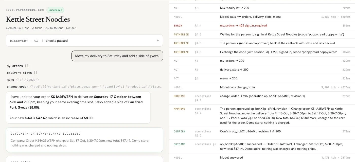 The finished run: the agent's summary of the change, an outcome card from the company saying the order changed, new total $47.49, and the trace showing the propose, approve, confirm and outcome steps