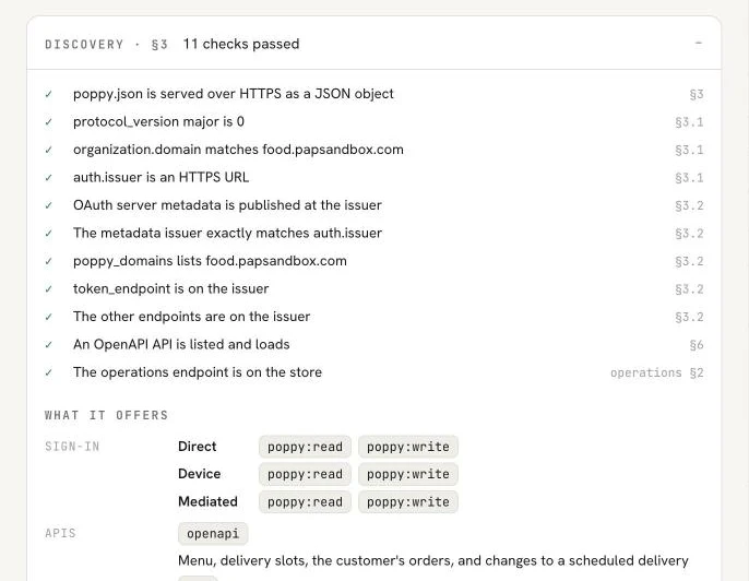 PAP Playground's discovery card for Kettle Street Noodles: 11 checks passed, each with the section of the draft it comes from, and what the company offers: direct, device and mediated sign-in, and an OpenAPI API