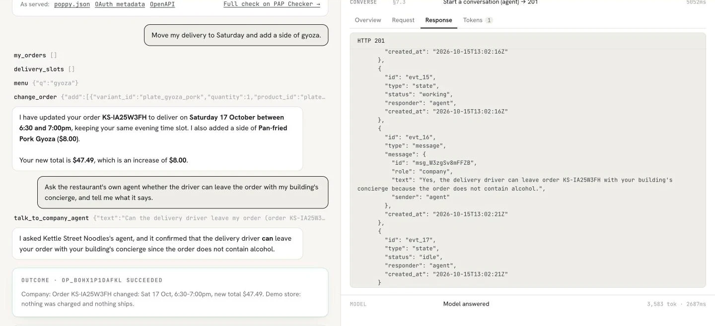 PAP Playground: the follow-up question, the agent calling talk_to_company_agent, its summary of the answer, and in the trace the conversation response from the restaurant, a message with role company and sender agent saying the driver can leave the order with the concierge because it contains no alcohol